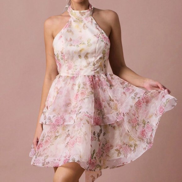 White Boho Women's Romantic Rose Print Dress - Picture 5 of 7
